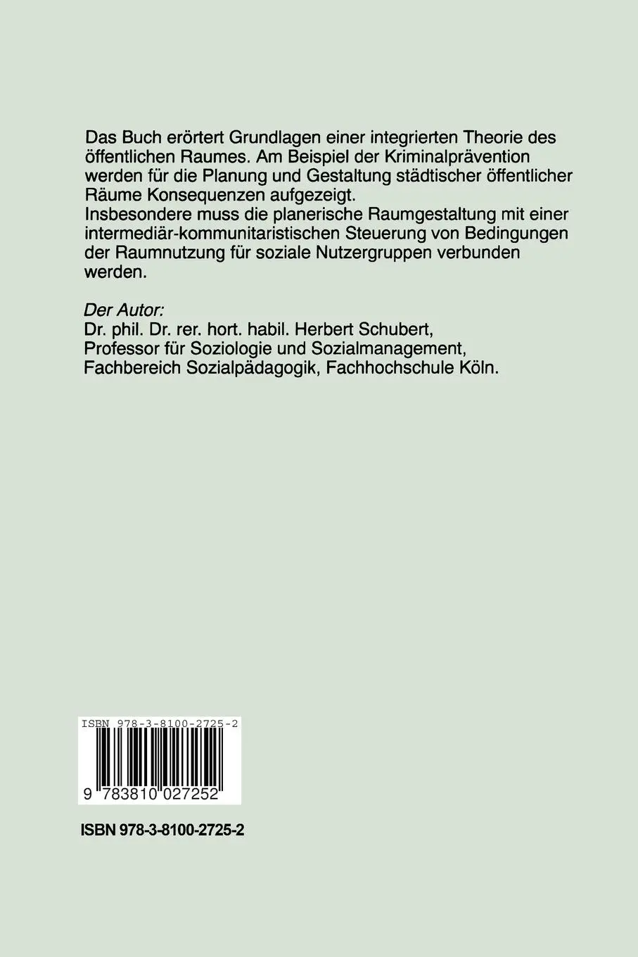 Rückseite: 9783810027252 | Städtischer Raum und Verhalten | Herbert Schubert | Taschenbuch | 2000