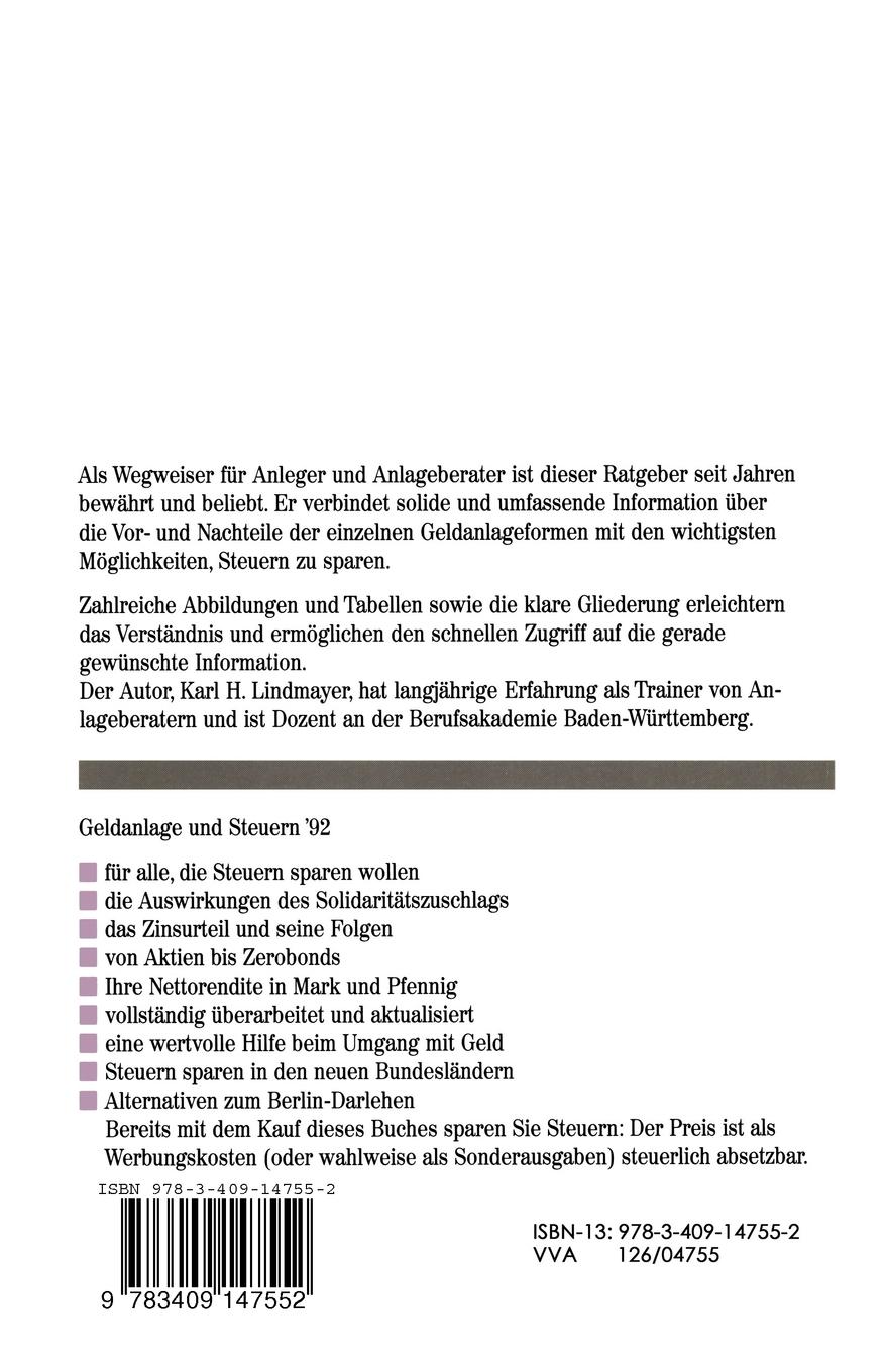 Rückseite: 9783409147552 | Geldanlage und Steuern '92 | Karl H. Lindmayer | Taschenbuch | 357 S.
