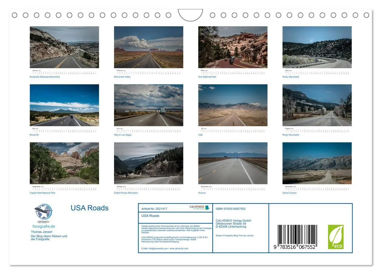 Bild: 9783516067552 | USA Roads (Wandkalender 2026 DIN A4 quer), CALVENDO Monatskalender