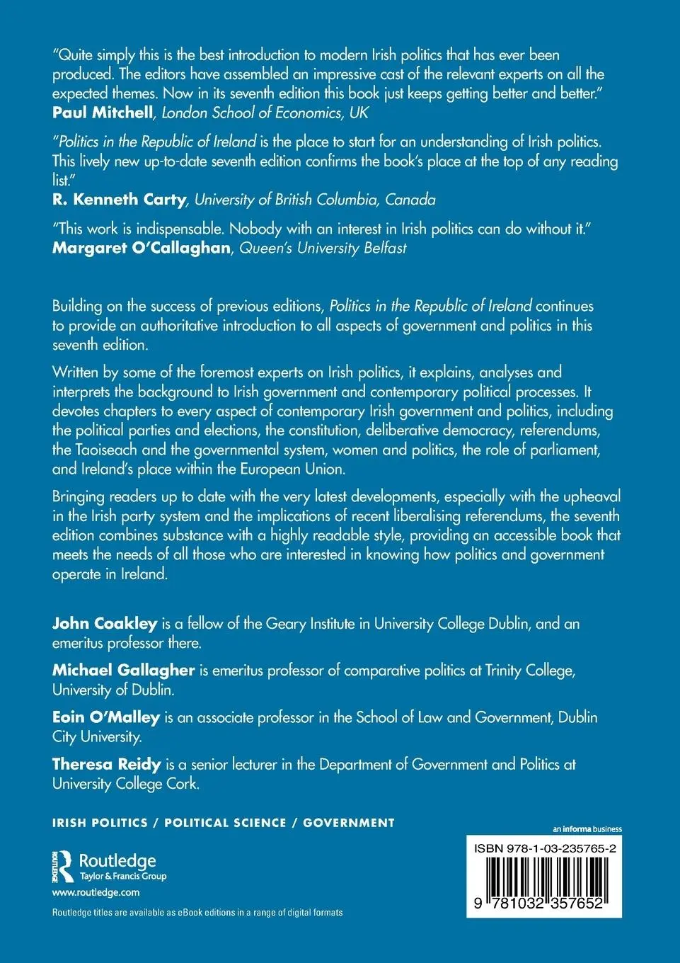 Rückseite: 9781032357652 | Politics in the Republic of Ireland | John Coakley (u. a.) | Buch