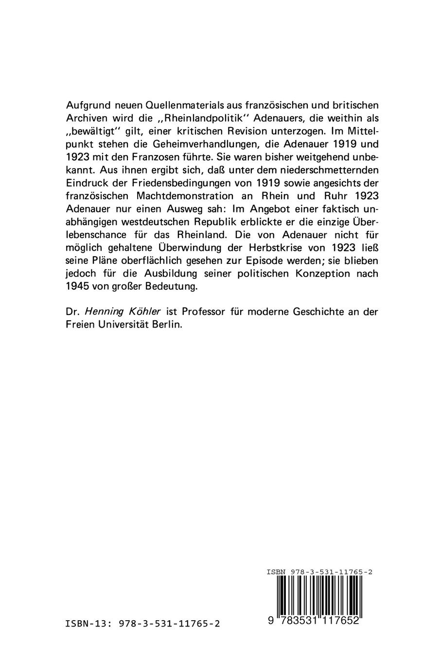 Rückseite: 9783531117652 | Adenauer und die rheinische Republik | Der erste Anlauf 1918-1924