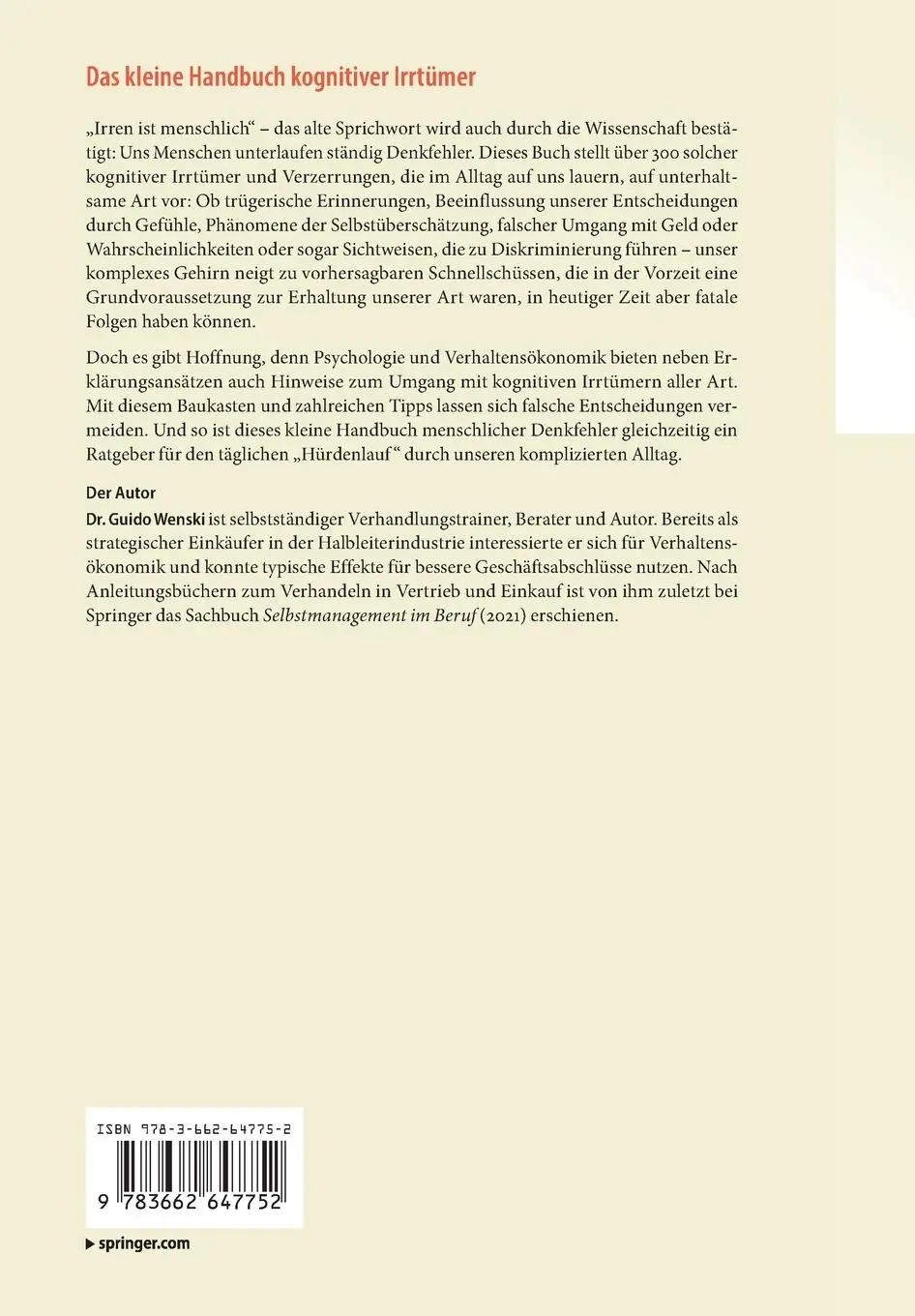 Rückseite: 9783662647752 | Das kleine Handbuch kognitiver Irrtümer | Guido Wenski | Taschenbuch