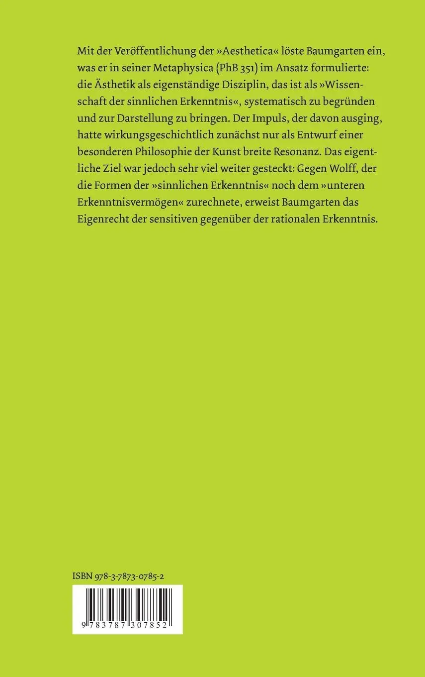 Rückseite: 9783787307852 | Theoretische Ästhetik | Alexander G Baumgarten | Buch | 252 S. | 1988