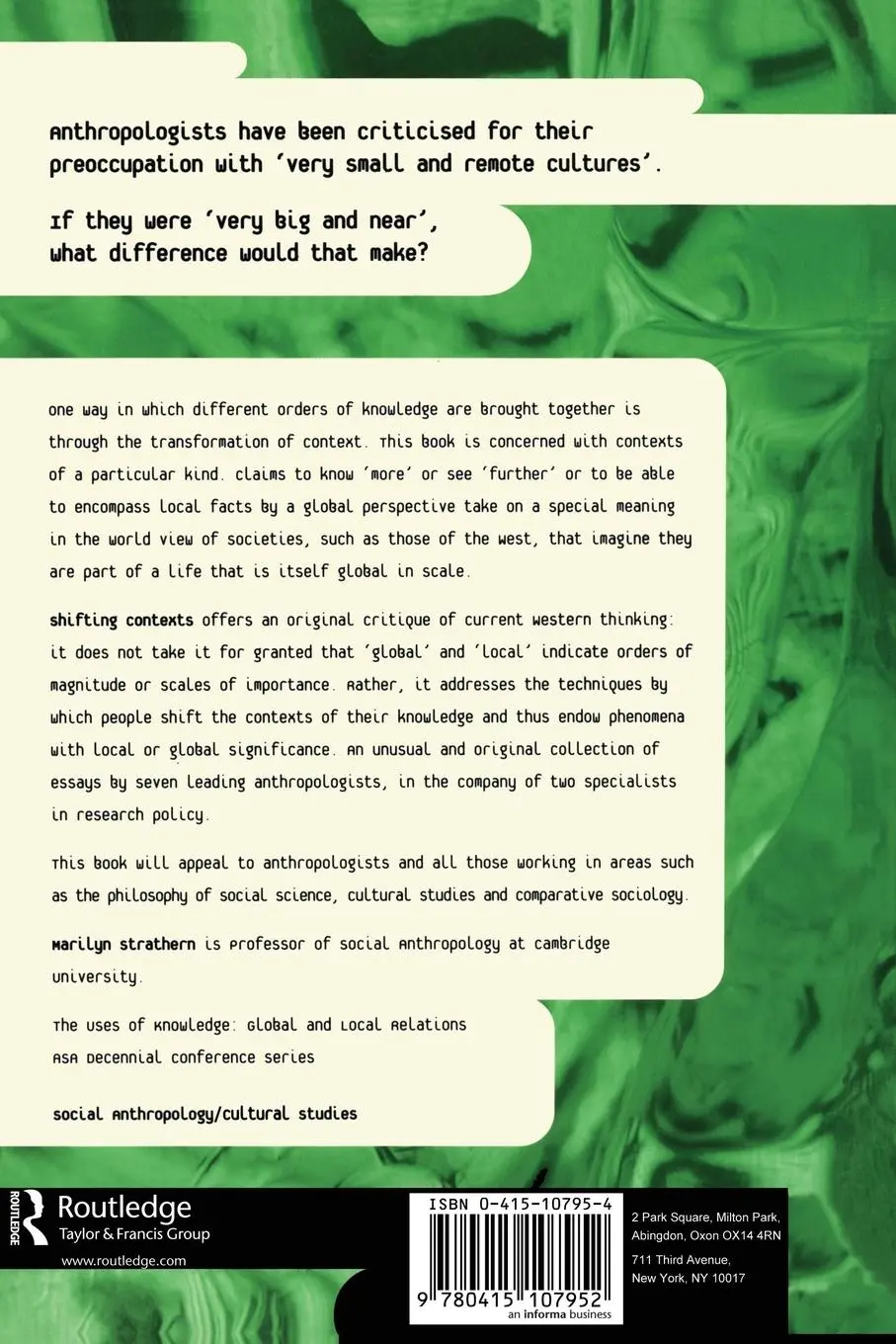 Rückseite: 9780415107952 | Shifting Contexts | Marilyn Strathern | Taschenbuch | Englisch | 1995