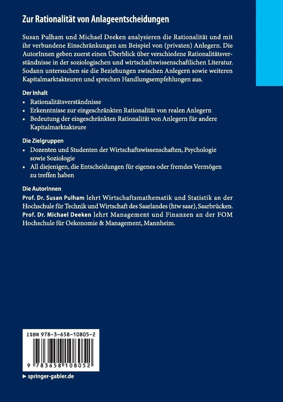 Rückseite: 9783658108052 | Zur Rationalität von Anlageentscheidungen | Michael Deeken (u. a.)