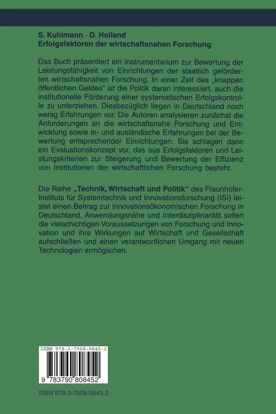 Rückseite: 9783790808452 | Erfolgsfaktoren der wirtschaftsnahen Forschung | Doris Holland (u. a.)