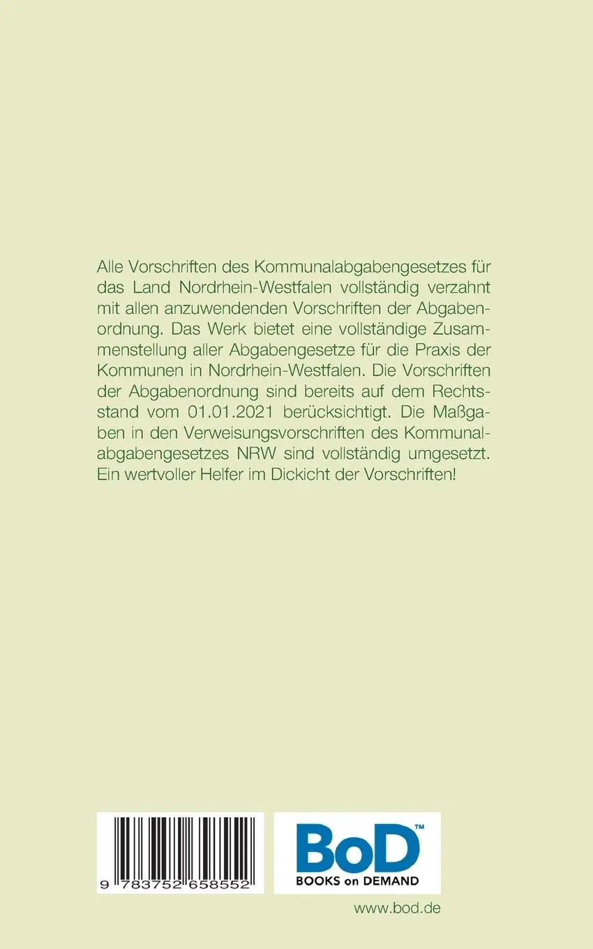 Rückseite: 9783752658552 | Abgabengesetze Kommunen NRW komplett | Rolf Stamm | Taschenbuch | 2021