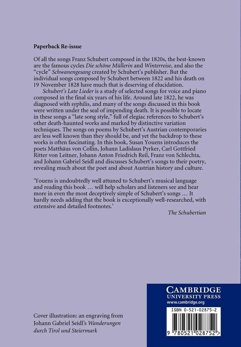 Rückseite: 9780521028752 | Schubert's Late Lieder | Beyond the Song-Cycles | Susan Youens (u. a.)