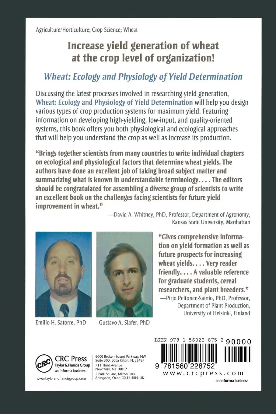 Rückseite: 9781560228752 | Wheat | Ecology and Physiology of Yield Determination | Taschenbuch