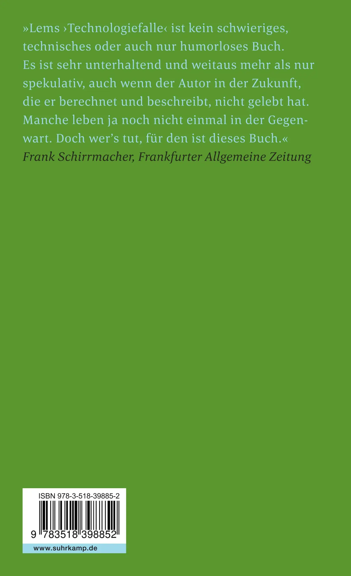 Rückseite: 9783518398852 | Die Technologiefalle | Stanis¿aw Lem | Taschenbuch | 319 S. | Deutsch