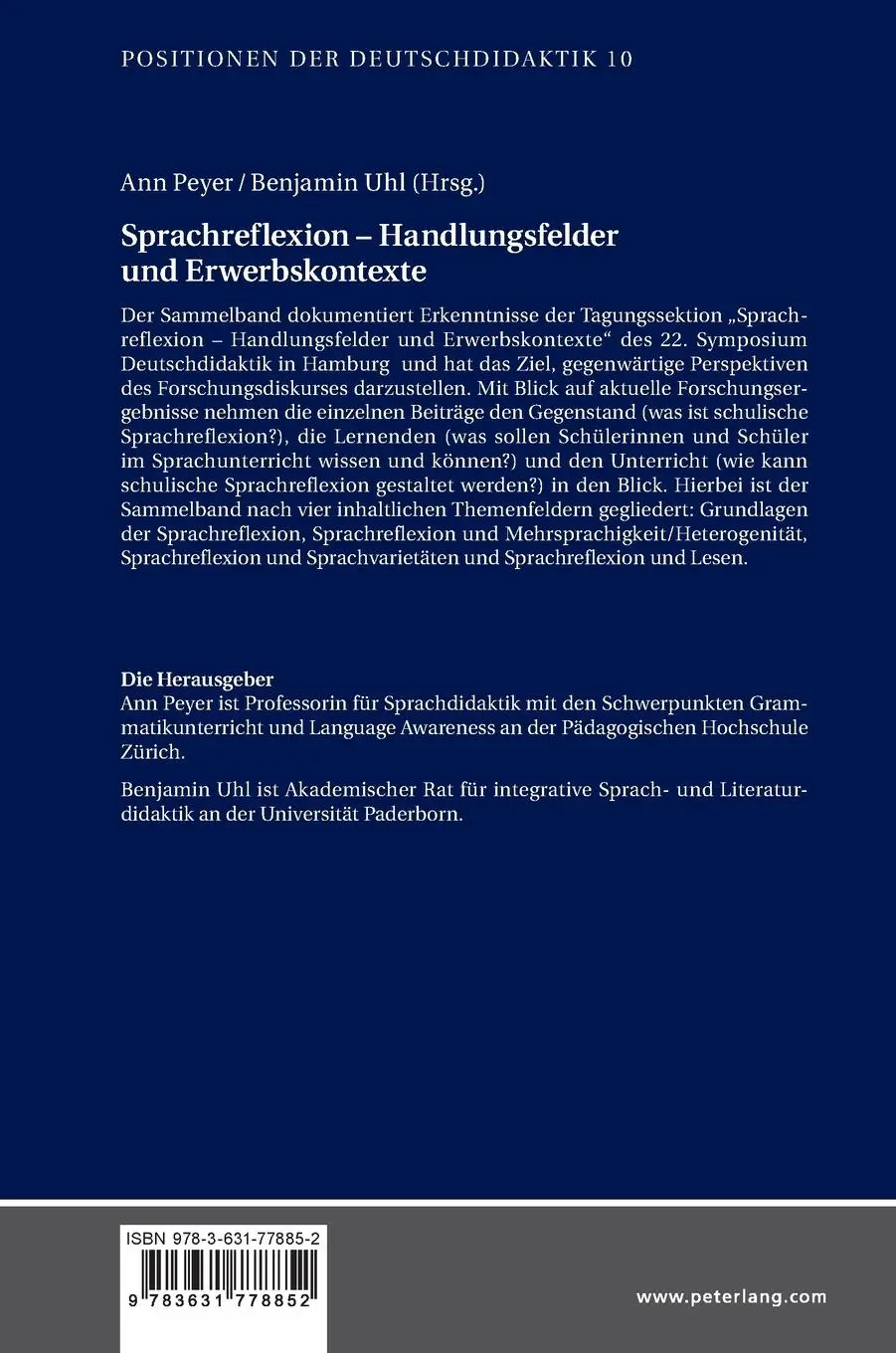 Rückseite: 9783631778852 | Sprachreflexion ¿ Handlungsfelder und Erwerbskontexte | Peyer (u. a.)