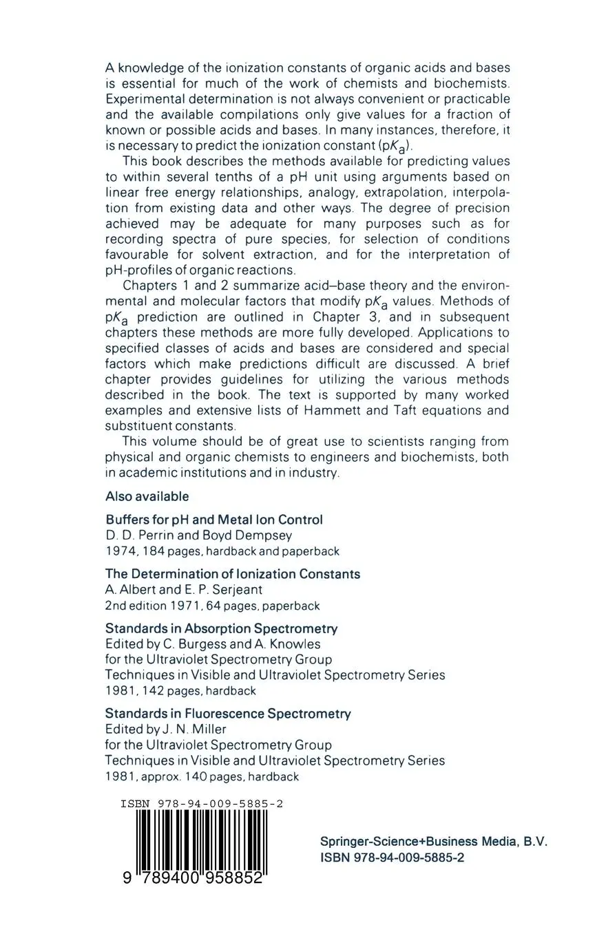 Rückseite: 9789400958852 | pKa Prediction for Organic Acids and Bases | D. Perrin | Taschenbuch