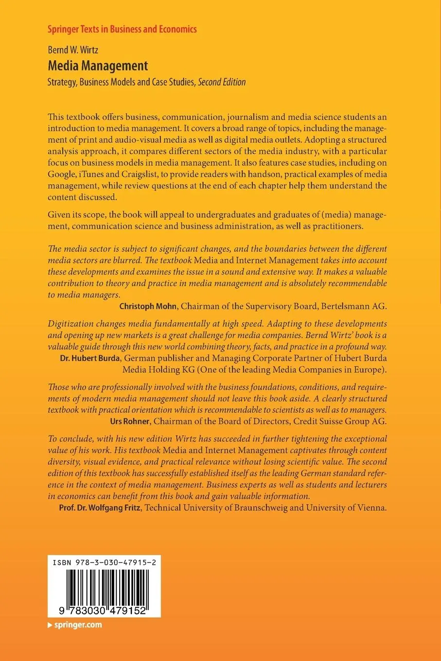 Rückseite: 9783030479152 | Media Management | Strategy, Business Models and Case Studies | Wirtz