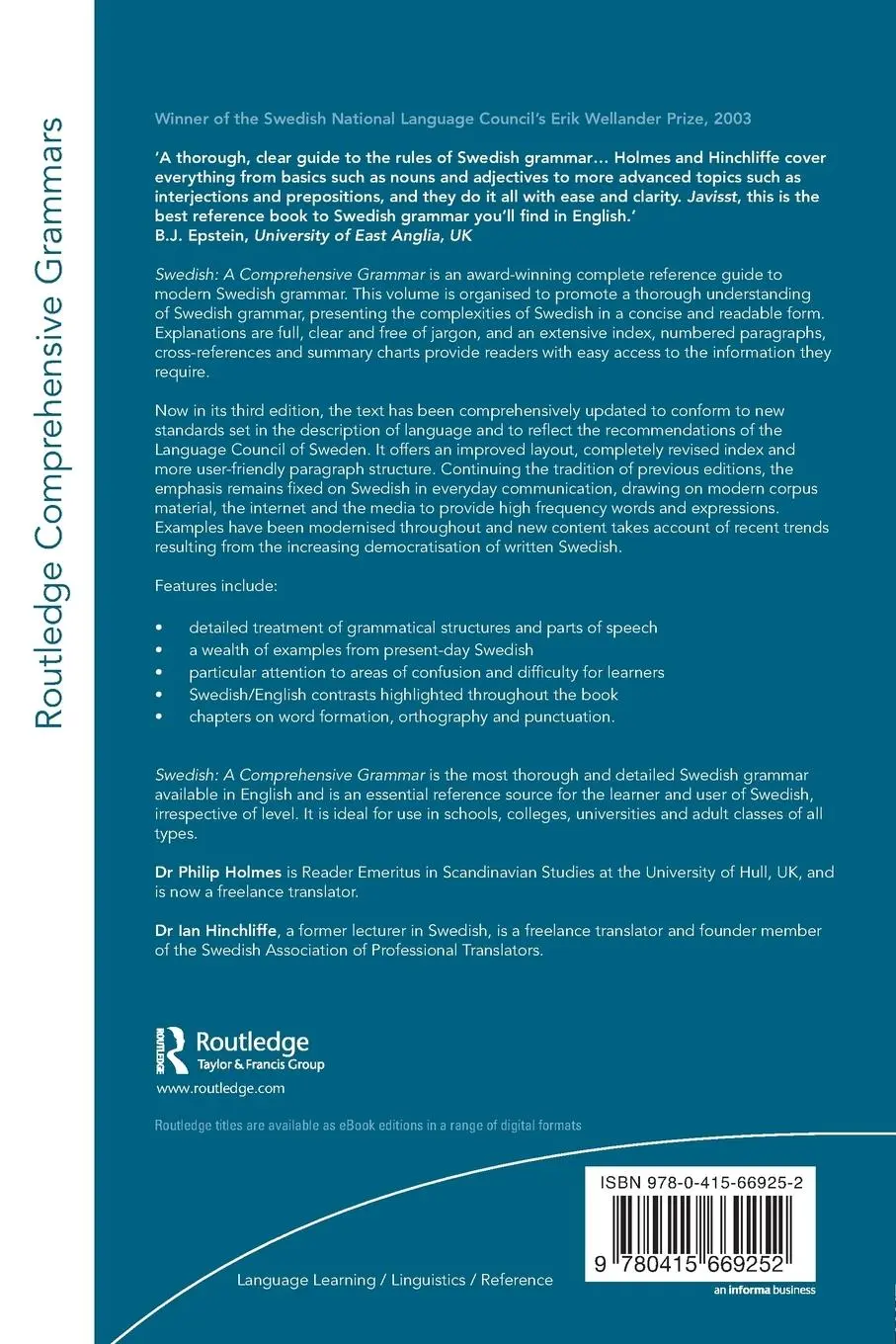 Rückseite: 9780415669252 | Swedish | A Comprehensive Grammar | Philip Holmes (u. a.) | Buch