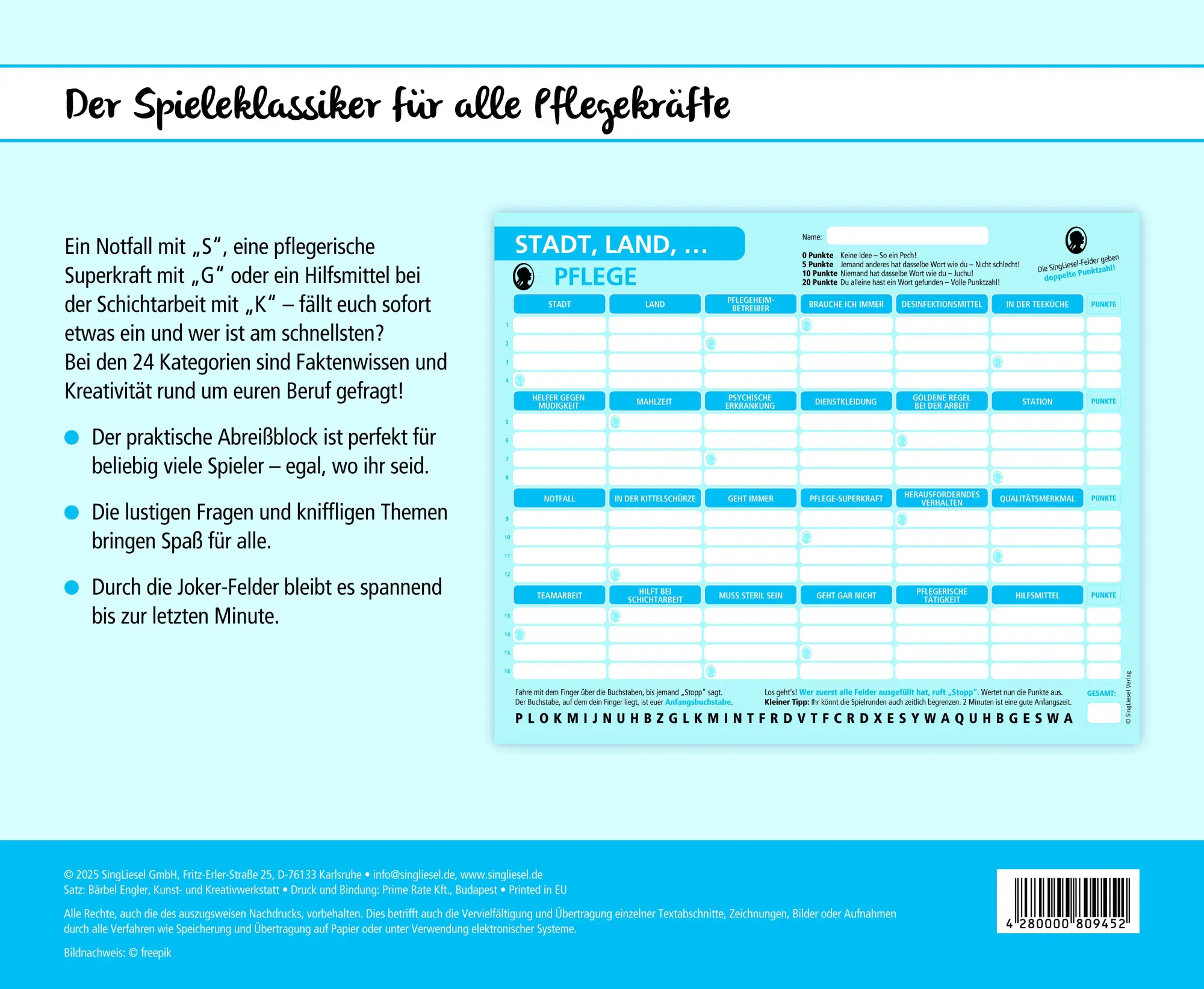 Bild: 4280000809452 | Stadt, Land, Pflege | Singliesel | Spiel | Rätsel-Spiel, Stadt, Land