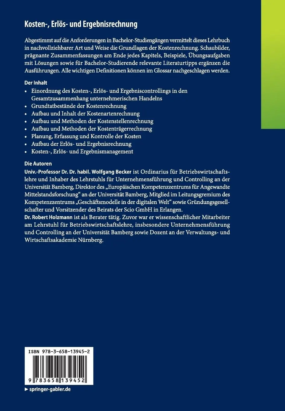 Rückseite: 9783658139452 | Kosten-, Erlös- und Ergebnisrechnung | Robert Holzmann (u. a.) | Buch