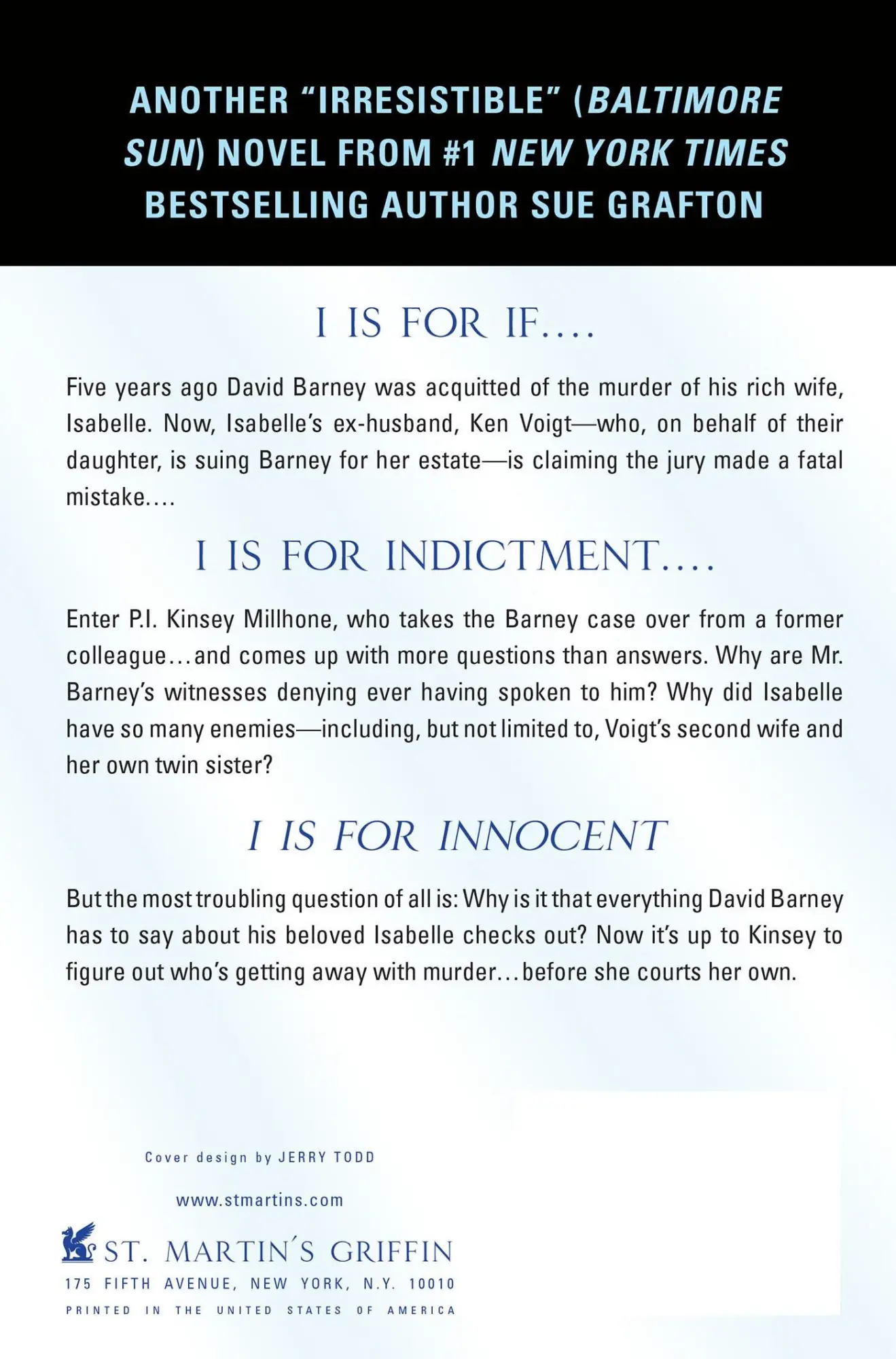 Rückseite: 9781250029652 | I IS FOR INNOCENT | Sue Grafton | Taschenbuch | Englisch | 2013