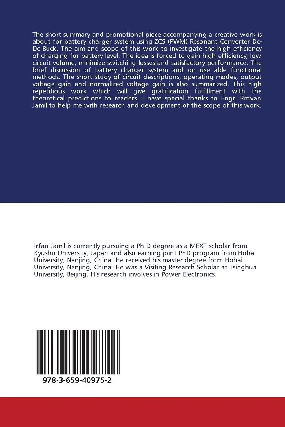 Rückseite: 9783659409752 | Techniques for Battery Charger System (Power Electronics) | Buch