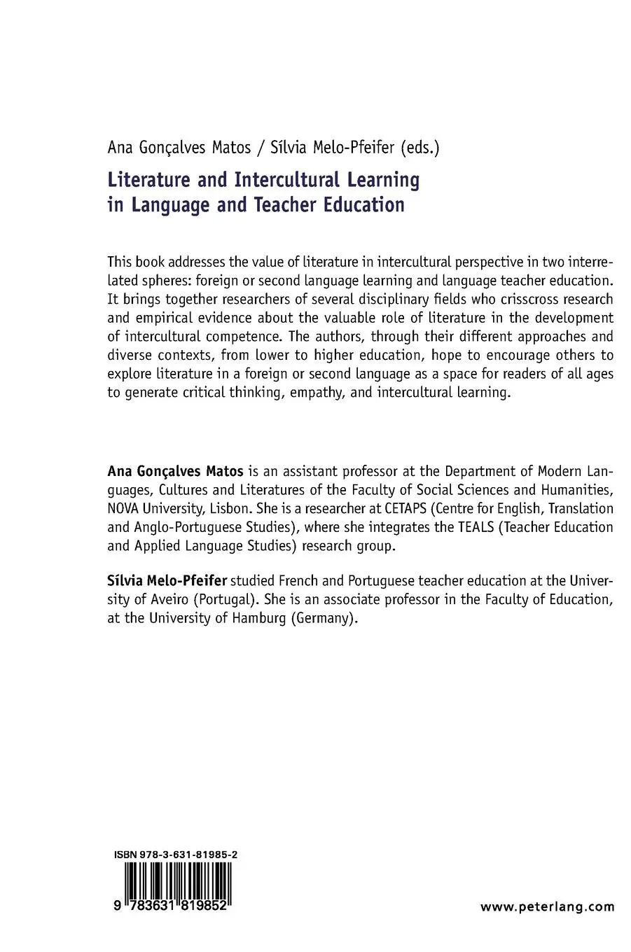 Rückseite: 9783631819852 | Literature and Intercultural Learning in Language and Teacher...