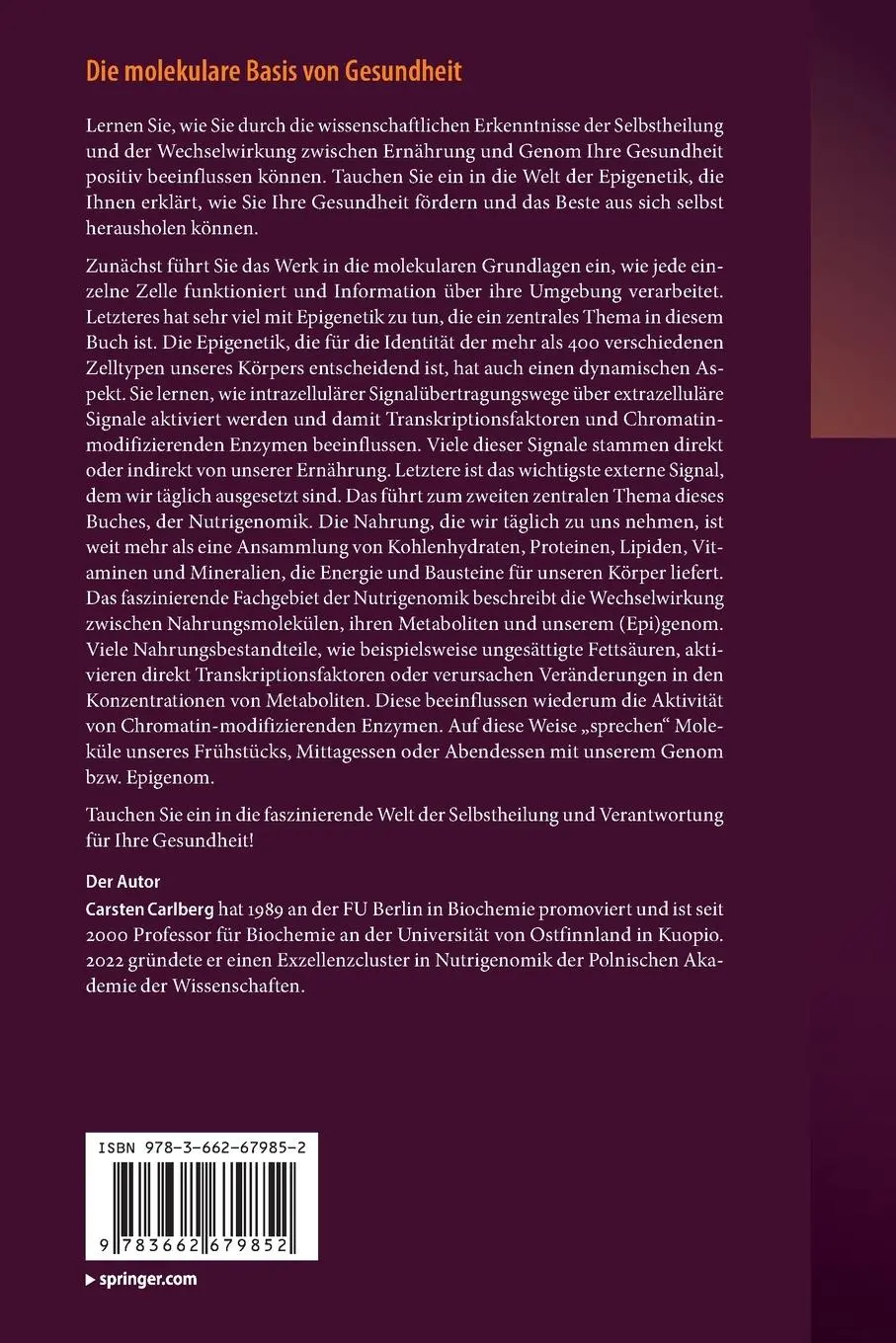 Rückseite: 9783662679852 | Die molekulare Basis von Gesundheit | Carsten Carlberg | Taschenbuch