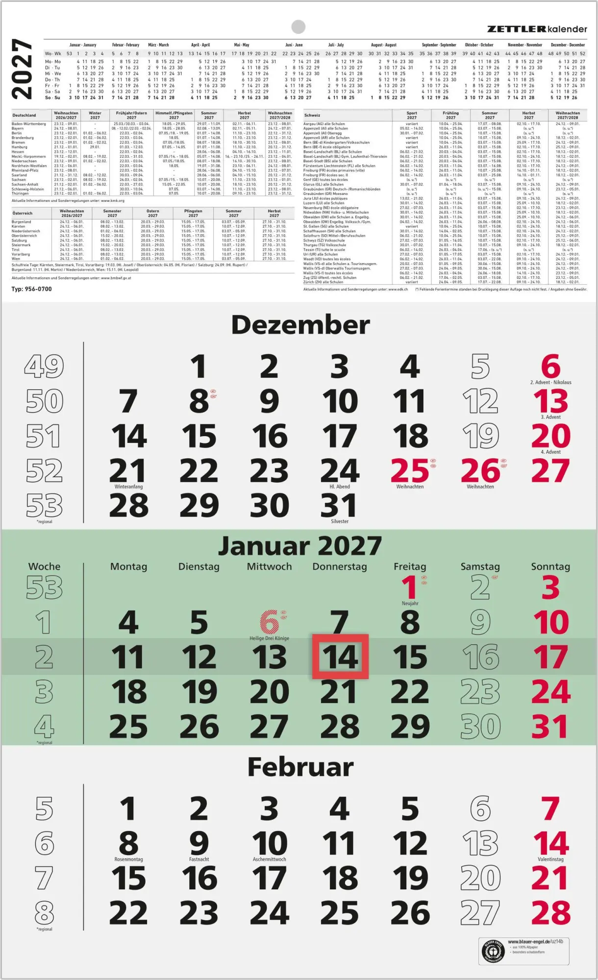 Cover: 4069095010253 | 3-Monatskalender grün Blauer Engel 2027 | Neumann Verlage GmbH &amp; Co KG