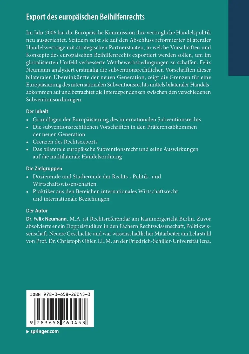 Rückseite: 9783658260453 | Export des europäischen Beihilfenrechts | Felix Neumann | Taschenbuch