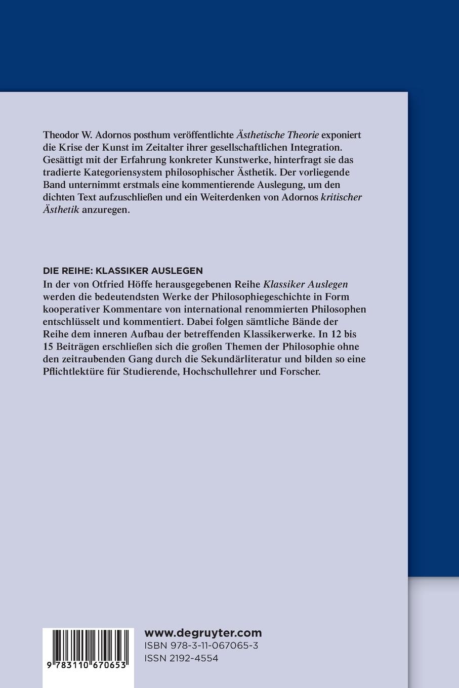 Rückseite: 9783110670653 | Theodor W. Adorno: Ästhetische Theorie | Anne Eusterschulte (u. a.)