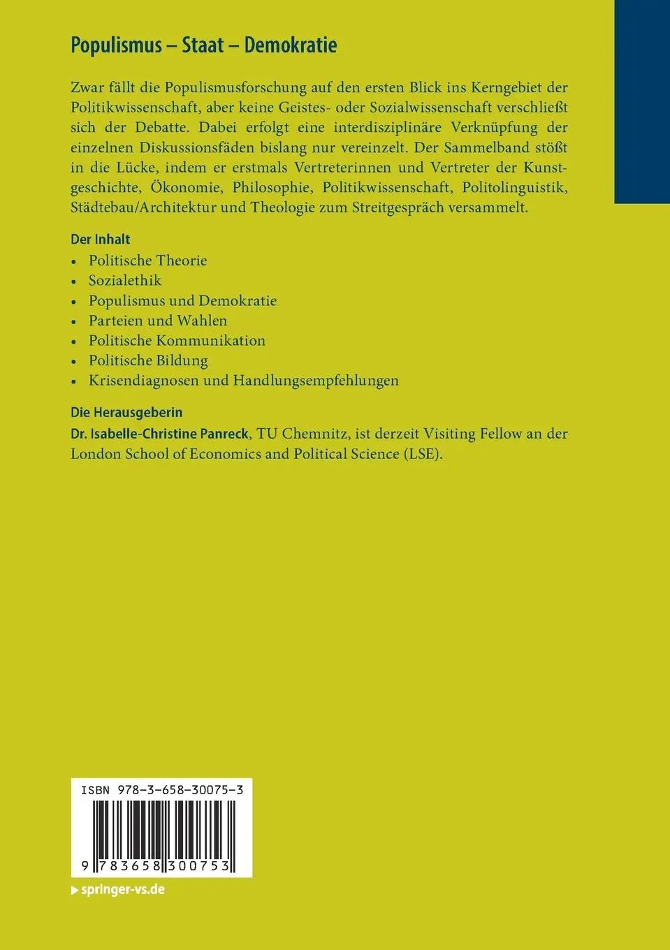 Rückseite: 9783658300753 | Populismus - Staat - Demokratie | Isabelle-Christine Panreck | Buch