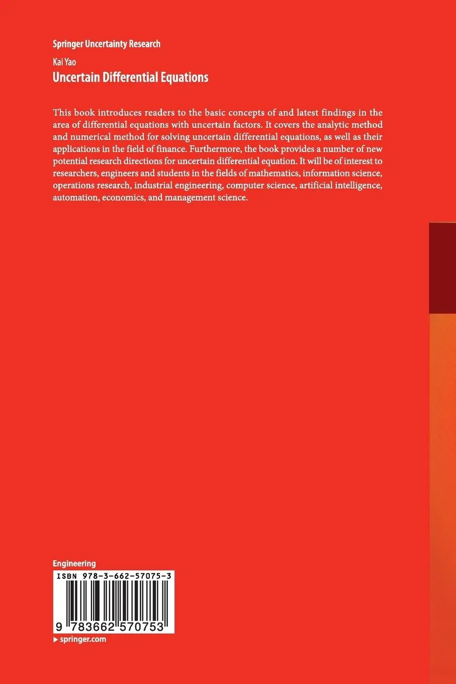 Rückseite: 9783662570753 | Uncertain Differential Equations | Kai Yao | Taschenbuch | xiii | 2018