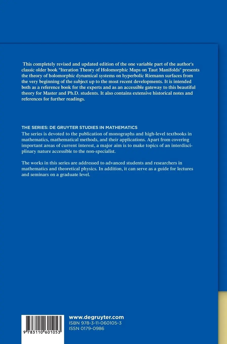 Rückseite: 9783110601053 | Holomorphic Dynamics on Hyperbolic Riemann Surfaces | Marco Abate