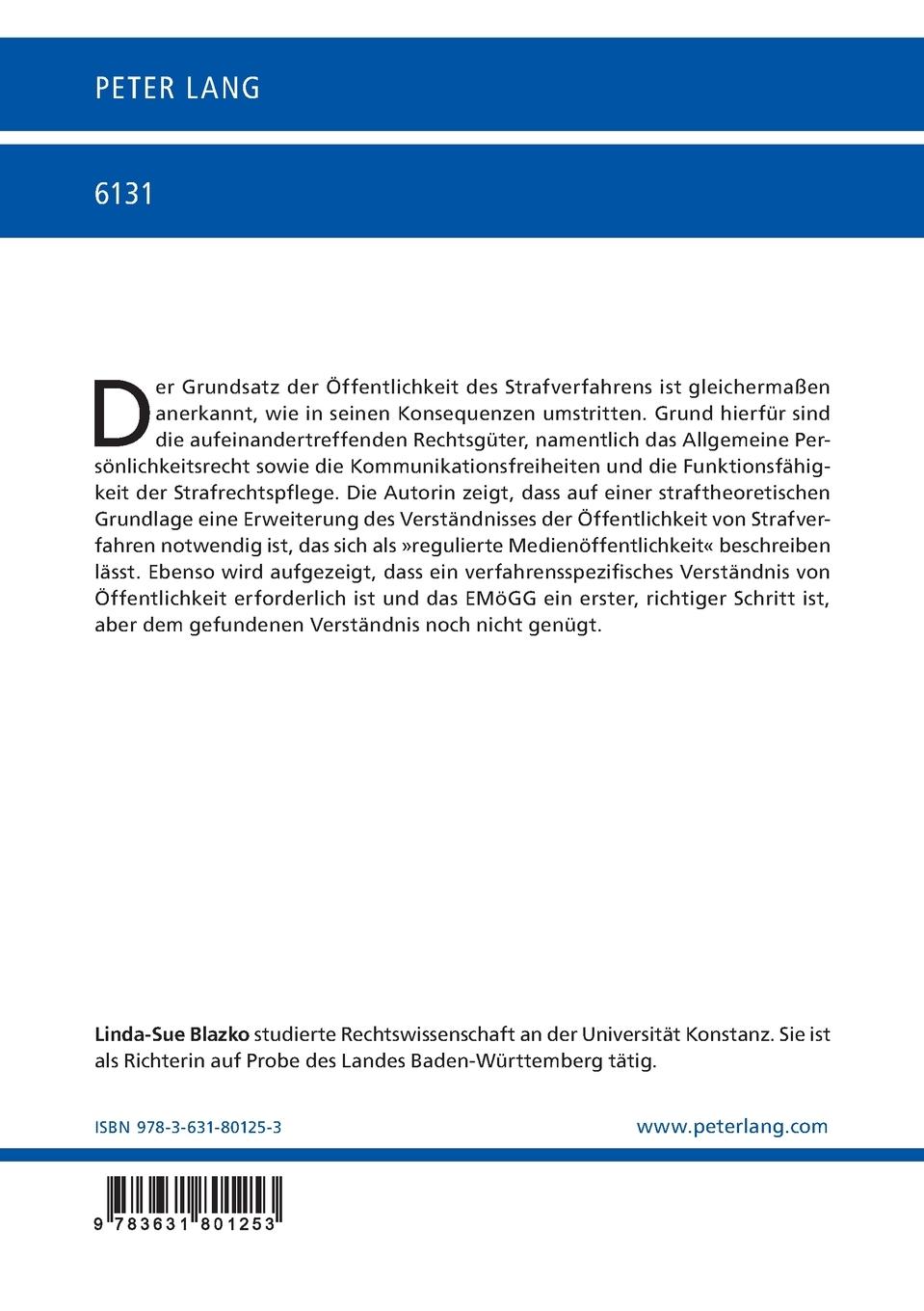 Rückseite: 9783631801253 | Medienöffentlichkeit des Strafverfahrens | Linda-Sue Blazko | Buch