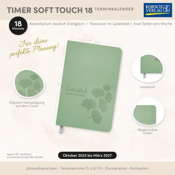 Bild: 9783731891253 | Timer Soft Touch 18 Monate jade 2026/2027 | Verlag Korsch | Buch