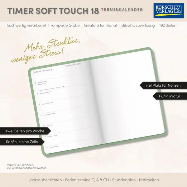 Bild: 9783731891253 | Timer Soft Touch 18 Monate jade 2026/2027 | Verlag Korsch | Buch