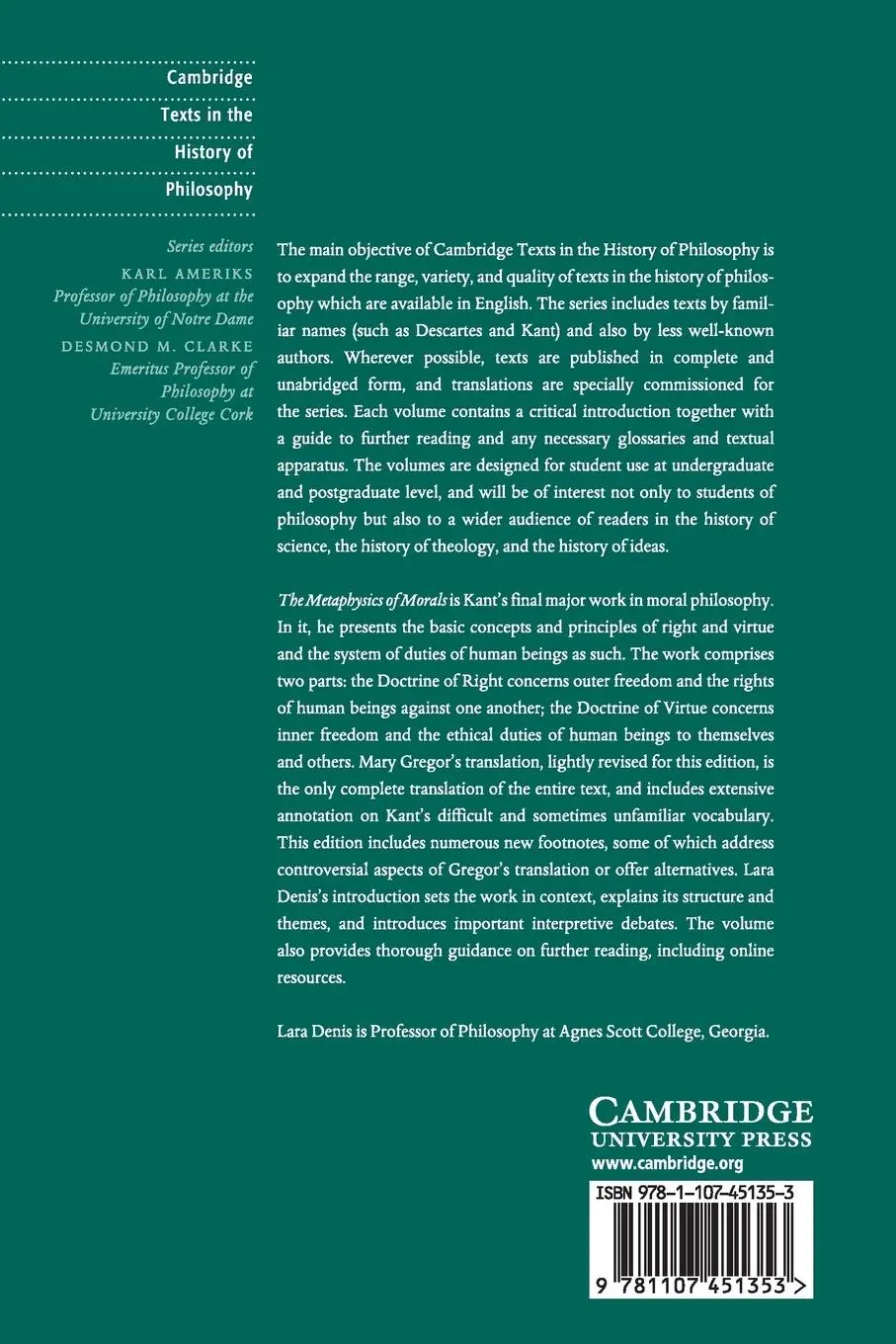 Rückseite: 9781107451353 | Kant | The Metaphysics of Morals | Lara Denis (u. a.) | Taschenbuch