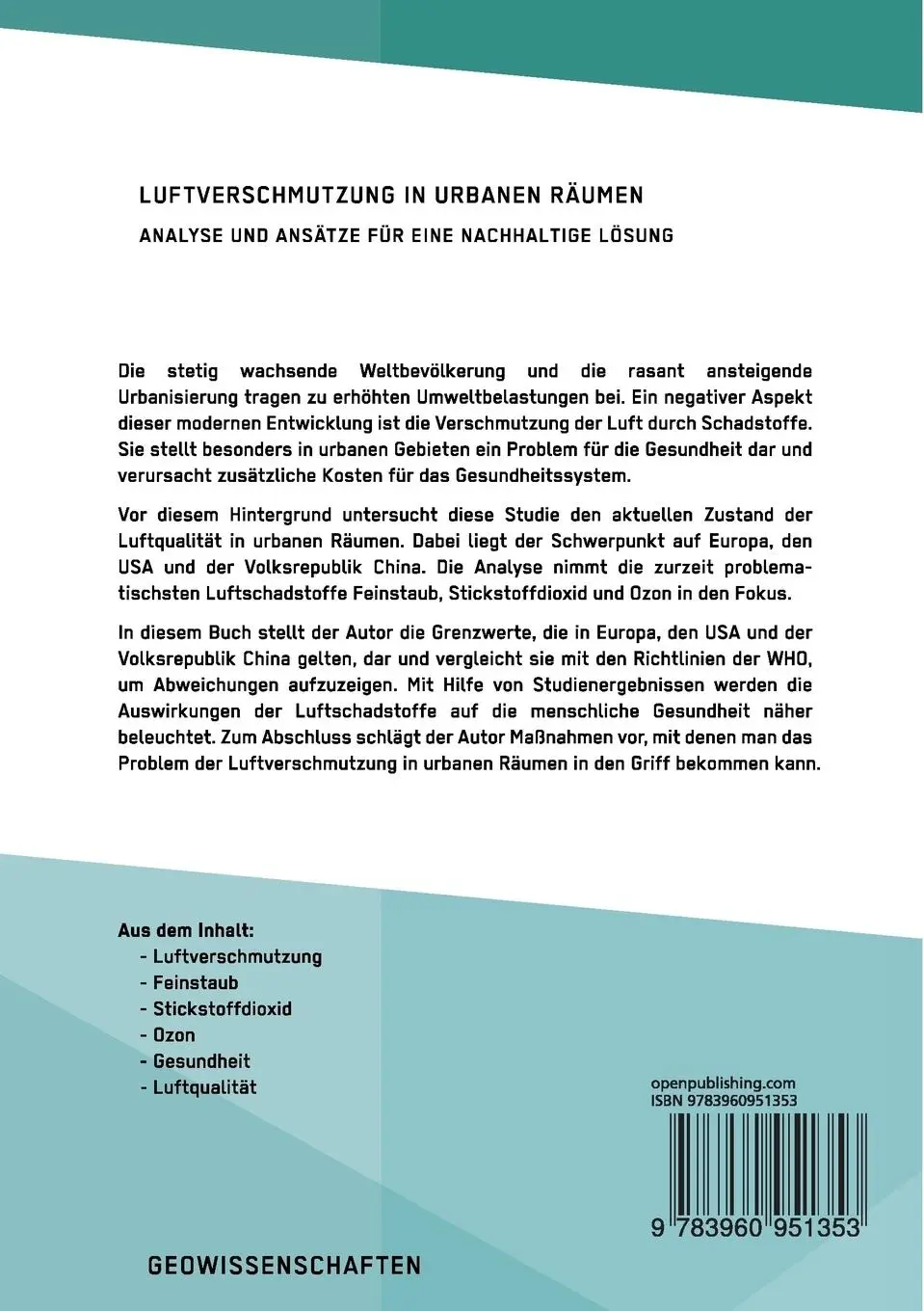 Rückseite: 9783960951353 | Luftverschmutzung in urbanen Räumen | Stefan Galler | Taschenbuch