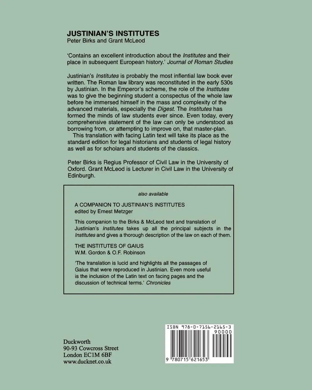 Rückseite: 9780715621653 | Justinian's Institutes | Justinian | Taschenbuch | Englisch | 2013