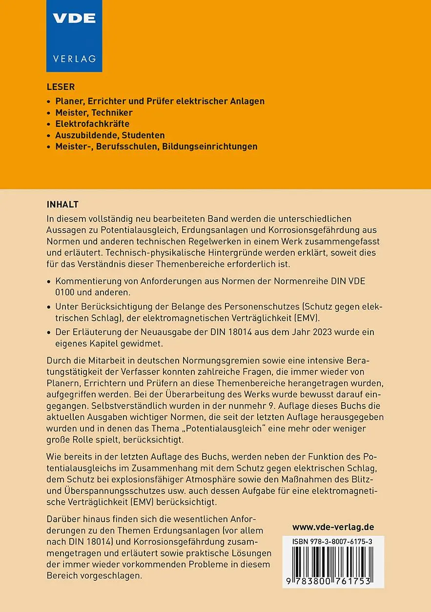 Rückseite: 9783800761753 | Potentialausgleich, Erdungsanlage, Korrosionsgefährdung | Taschenbuch