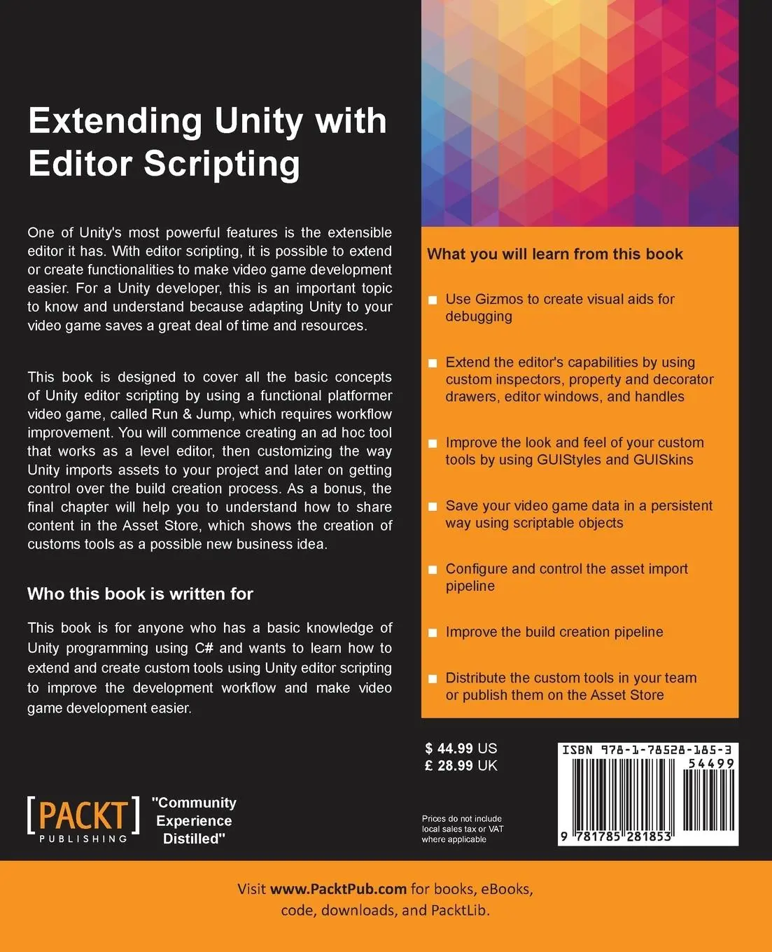 Rückseite: 9781785281853 | Extending Unity with Editor Scripting | Angelo Tadres | Taschenbuch