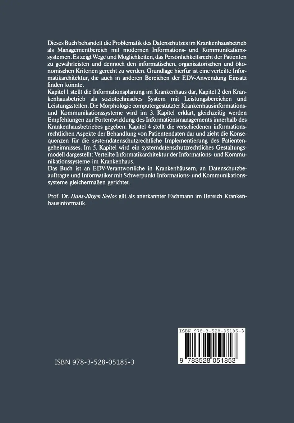 Rückseite: 9783528051853 | Informationssysteme und Datenschutz im Krankenhaus | Hans J. Seelos