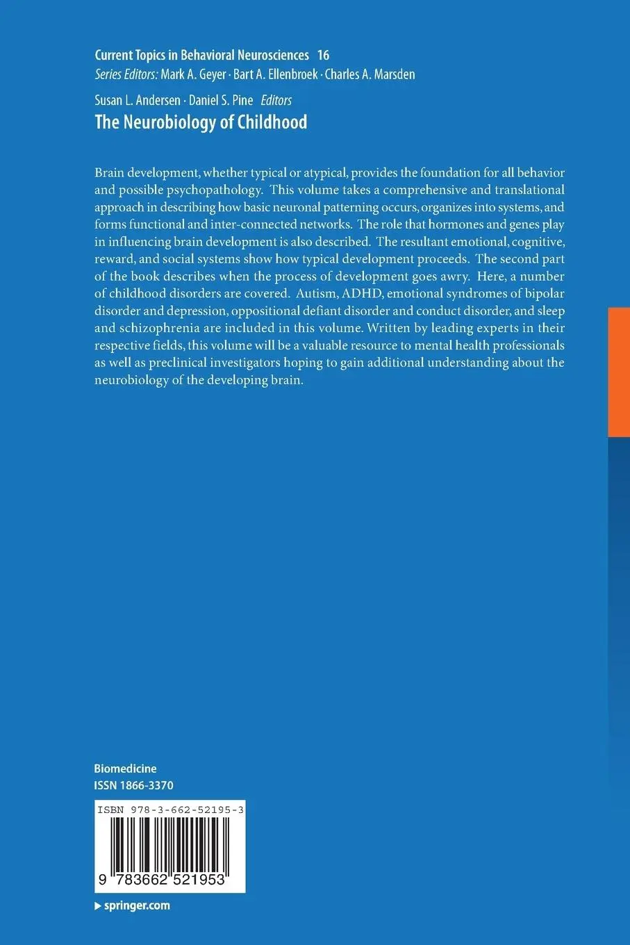 Rückseite: 9783662521953 | The Neurobiology of Childhood | Susan L. Andersen (u. a.) | Buch