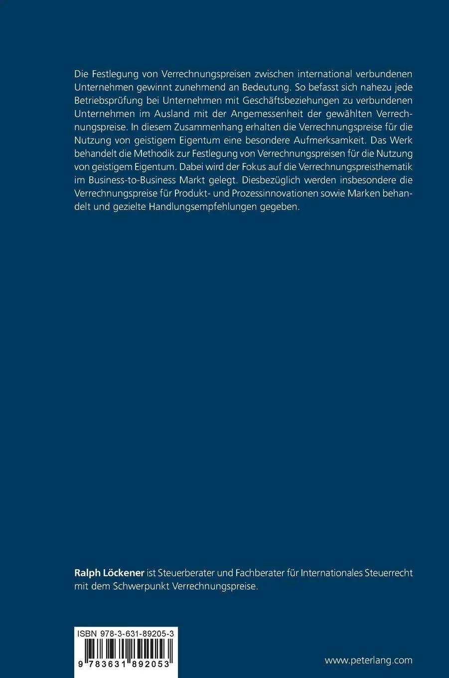Rückseite: 9783631892053 | Verrechnungspreise für die Nutzung von geistigem Eigentum im...