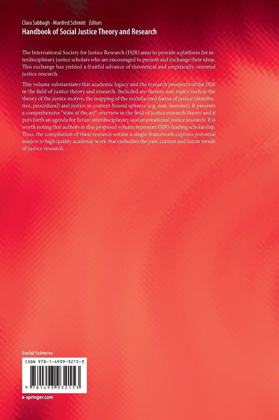 Rückseite: 9781493932153 | Handbook of Social Justice Theory and Research | Schmitt (u. a.)