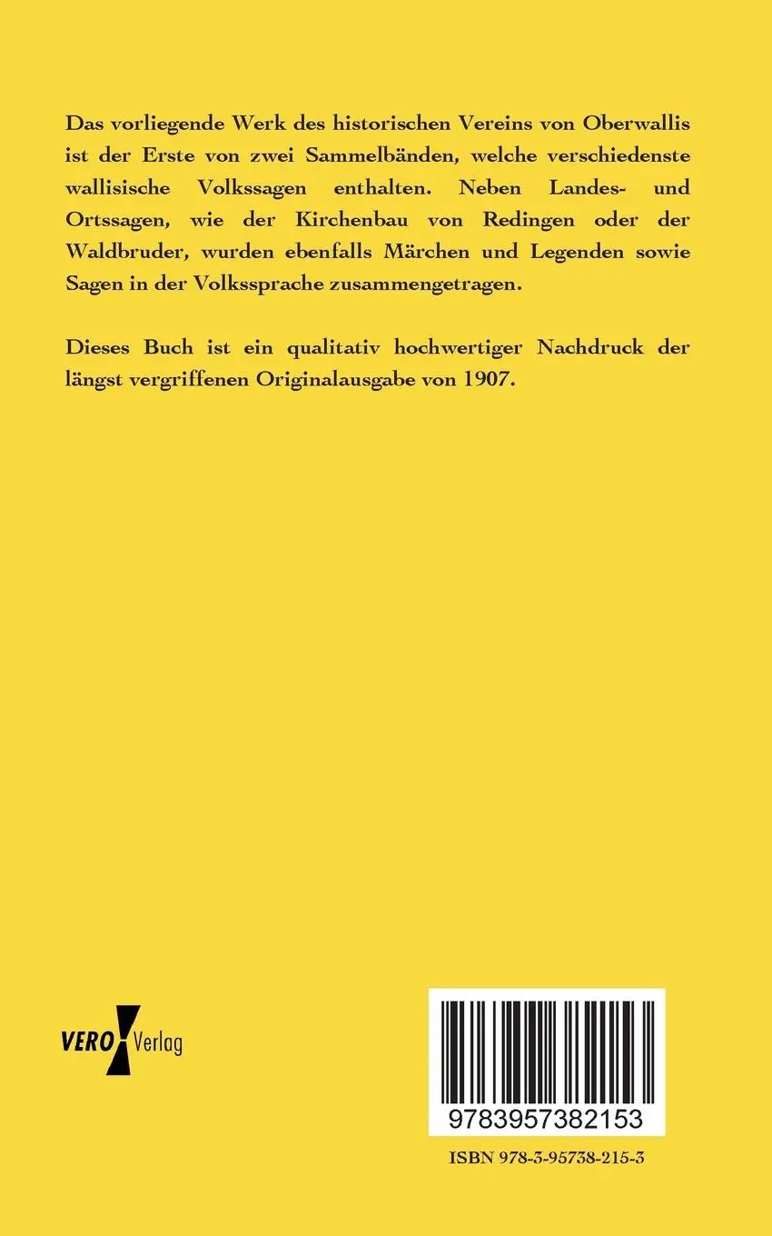 Rückseite: 9783957382153 | Walliser Sagen | Erster Teil | Historischer Verein Von Oberwallis