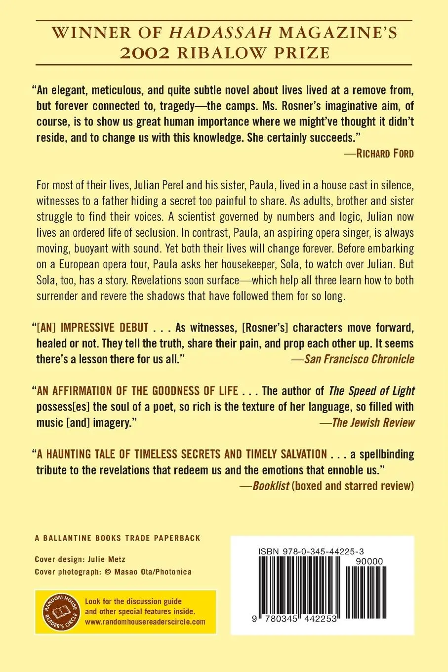 Rückseite: 9780345442253 | The Speed of Light | A Novel | Elizabeth Rosner | Taschenbuch | 2003