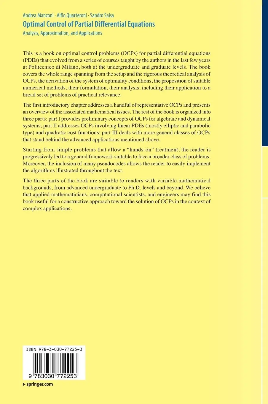 Rückseite: 9783030772253 | Optimal Control of Partial Differential Equations | Manzoni (u. a.)