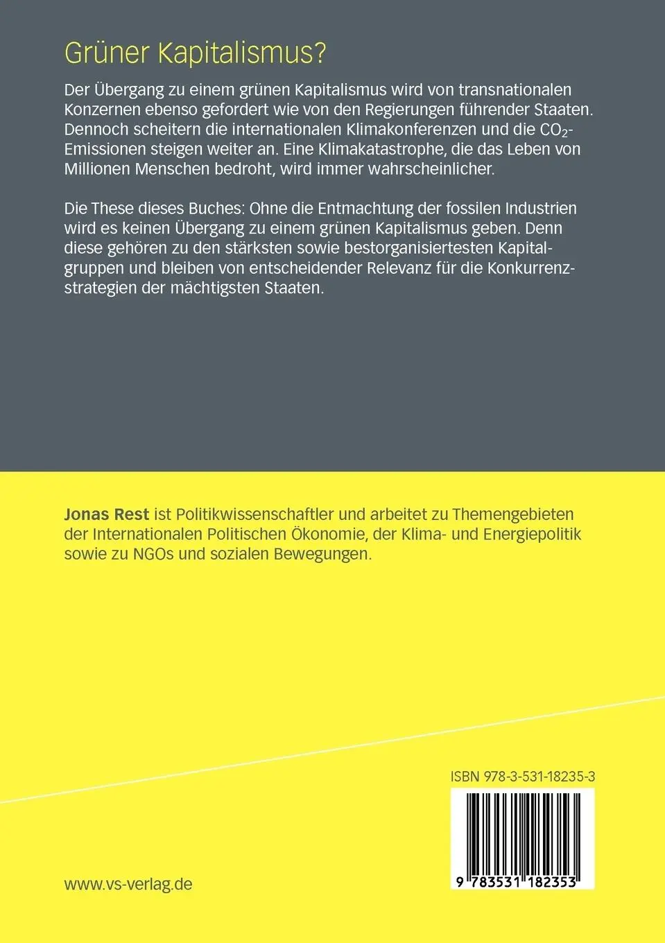 Rückseite: 9783531182353 | Grüner Kapitalismus? | Jonas Rest | Taschenbuch | 252 S. | Deutsch