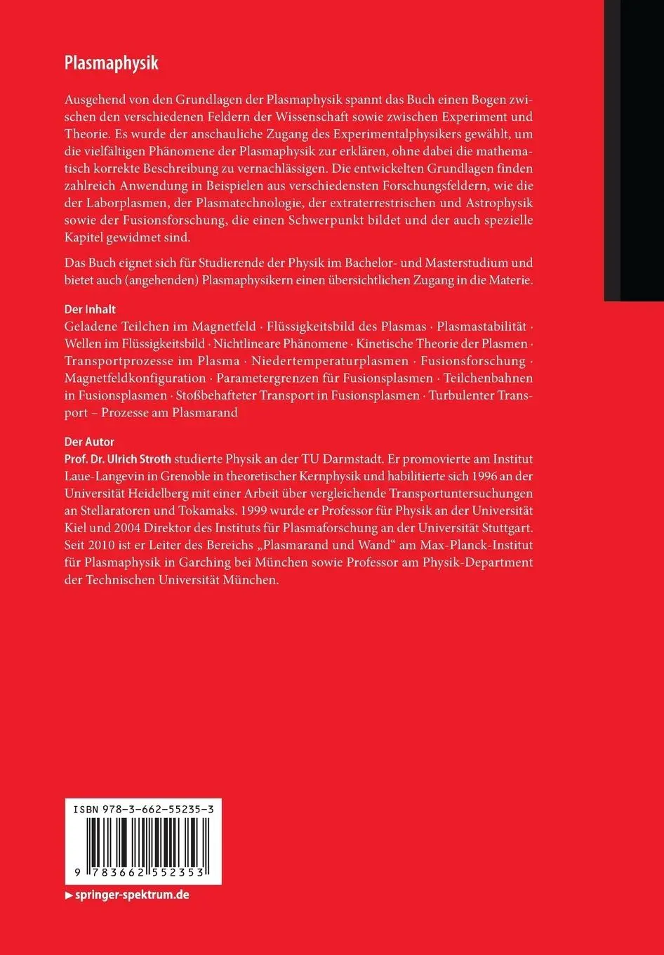 Rückseite: 9783662552353 | Plasmaphysik | Phänomene, Grundlagen und Anwendungen | Ulrich Stroth