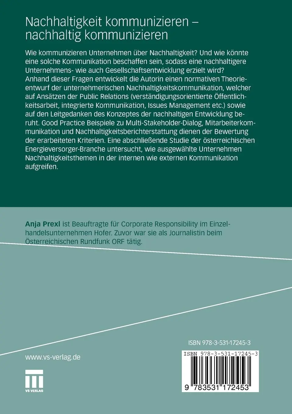 Rückseite: 9783531172453 | Nachhaltigkeit kommunizieren - nachhaltig kommunizieren | Anja Prexl