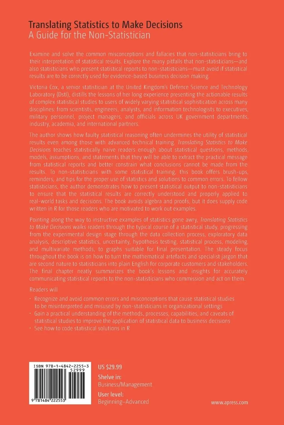 Rückseite: 9781484222553 | Translating Statistics to Make Decisions | Victoria Cox | Taschenbuch