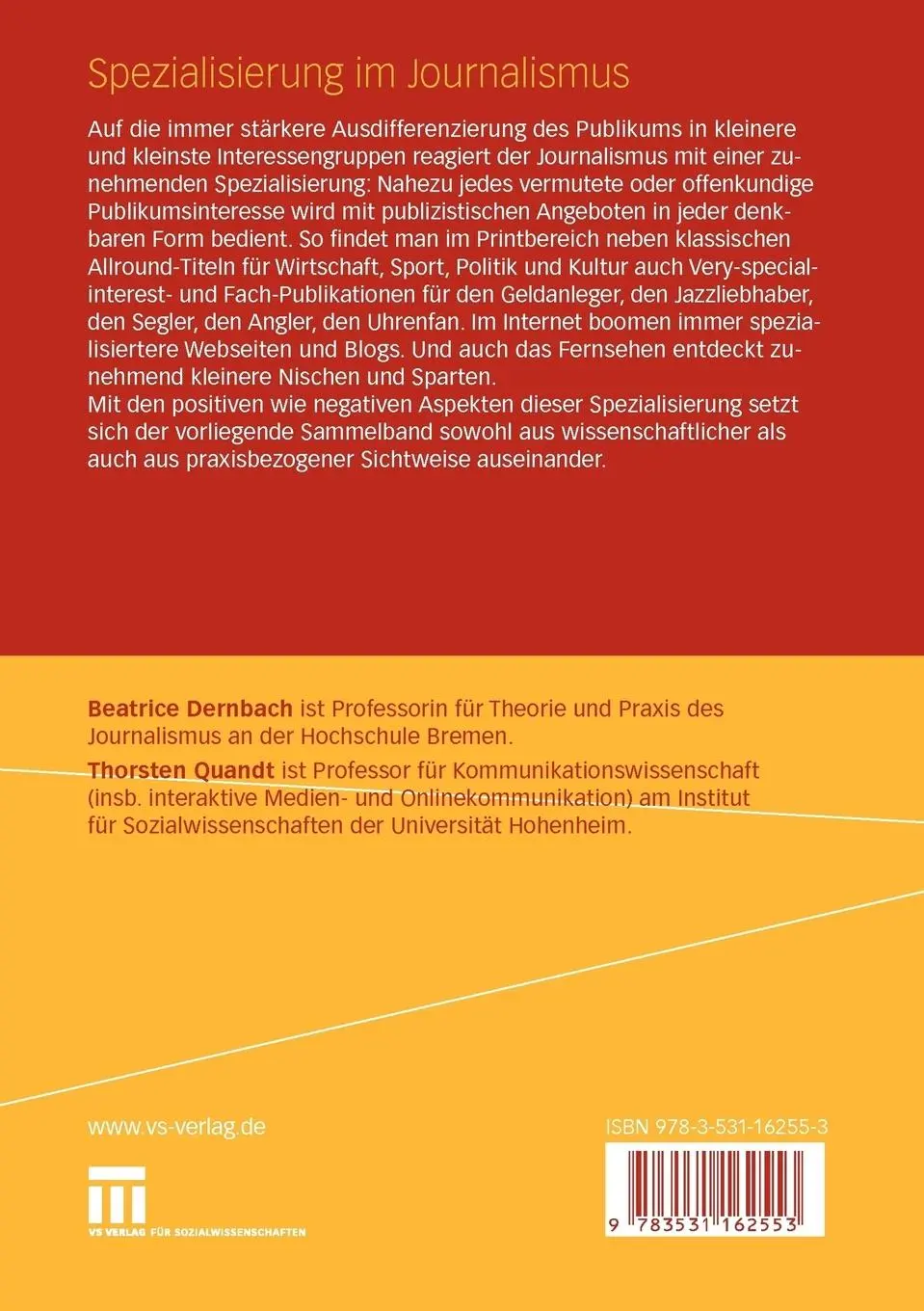 Rückseite: 9783531162553 | Spezialisierung im Journalismus | Thorsten Quandt (u. a.) | Buch